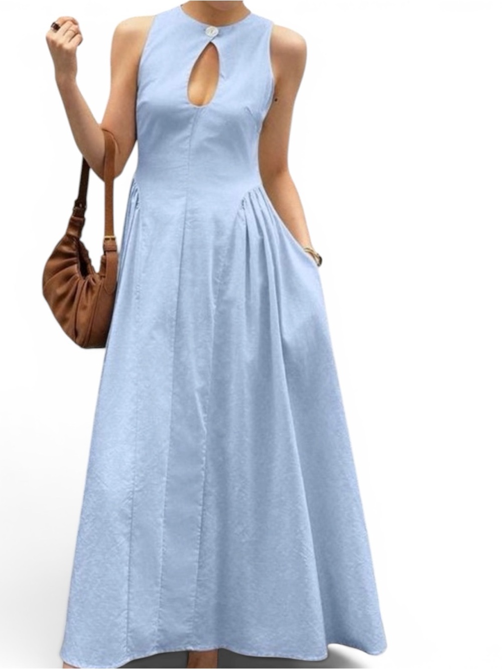 Commense Linen-Cotton Keyhole Midi dress w pockets. Light Blue. Fits like sz 10